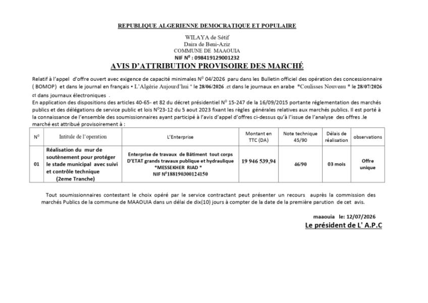 AVIS D'ATTRIBUTION PROVISOIRE DES MARCHES