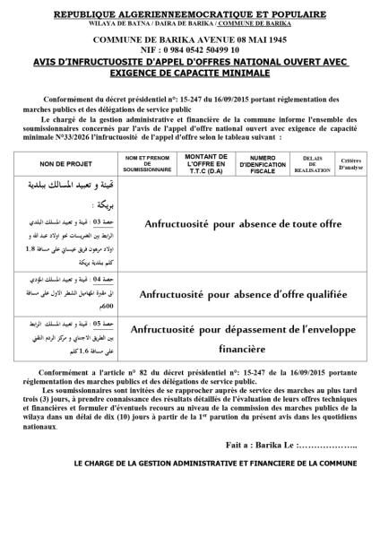 AVIS D'INFRUCTUOSITE D'APPEL D'OFFRES NATIONAL OUVERT AVEC EXIGENCE DE CAPACITE MINIMALE