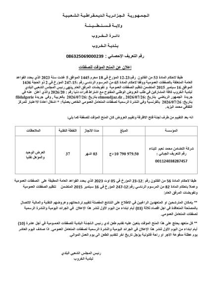 إعلان عن المنح المؤقت للصفقات