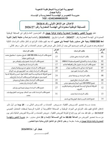 الإعلان عن التأهل الأولي رقم 2026/6 للمسابقة الوطنية محدودة في الهندسة المعمارية رقم: 2026/27
