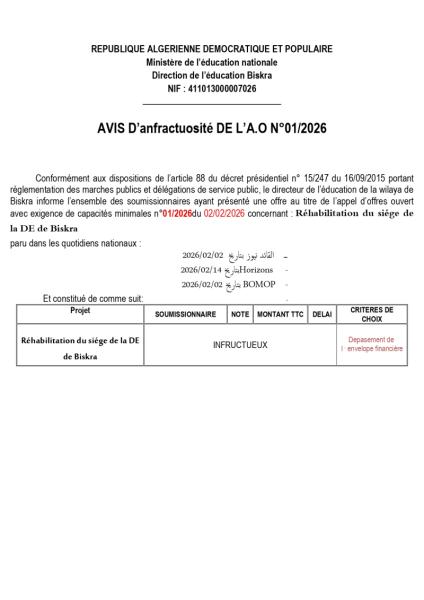 AVIS D'INFRACTUOSITE DE L'A.0 N°01/2026