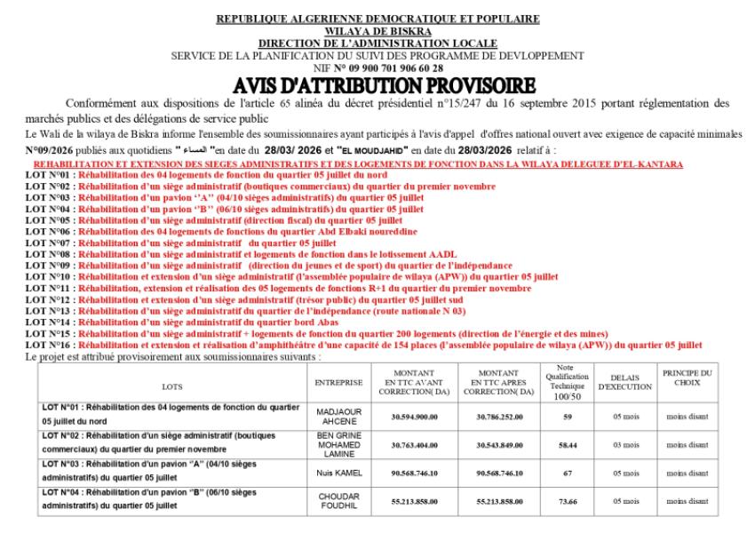 AVIS D’ATTRIBUTION PROVISOIRE