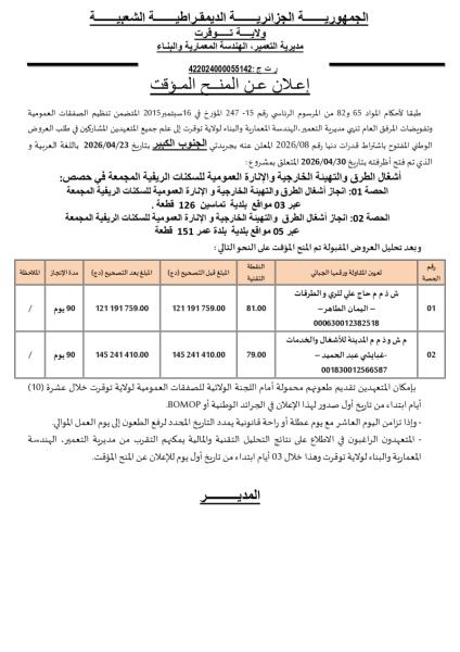 إعلان عن المنح المؤقت