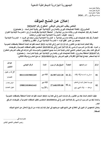 إعلان عن المنح المؤقت