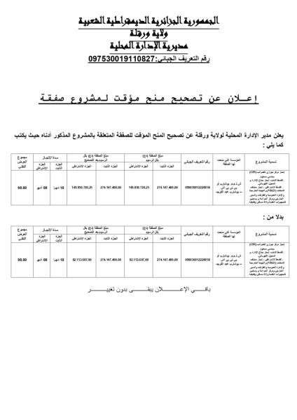 إعلان عن تصحيح منج مؤقت لمشروع صفقة
