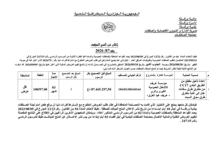 إعلان عن المنح المؤقت رقم 2026/87