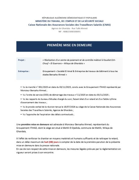 PREMIÈRE MISE EN DEMEURE