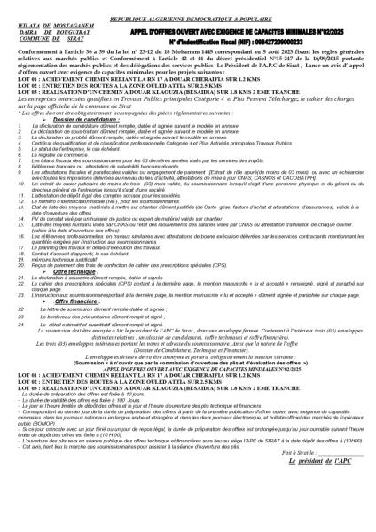 APPEL D'OFFRES OUVERT AVEC EXIGENCE DE CAPACITE MINIMALES N°02/2025