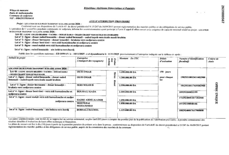 AVIS D'ATTRIBUTION PROVISOIRE