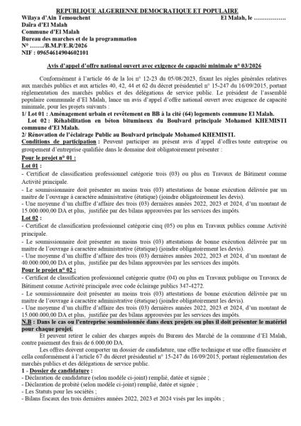 AVIS D'APPEL D'OFFRES NATIONAL OUVERT AVEC EXIGENCE DE CAPACITE MINIMALES N°03/2026