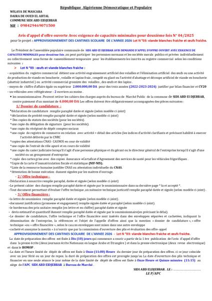 AVIS D'APPEL D'OFFRES OUVERT AVEC EXIGENCE DE CAPACITE MINIMALES POUR DEUXIEME FOIS N°04/2025