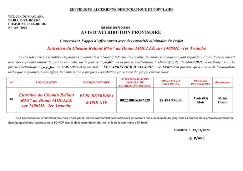 AVIS D'ATTRIBUTION PROVISOIRE