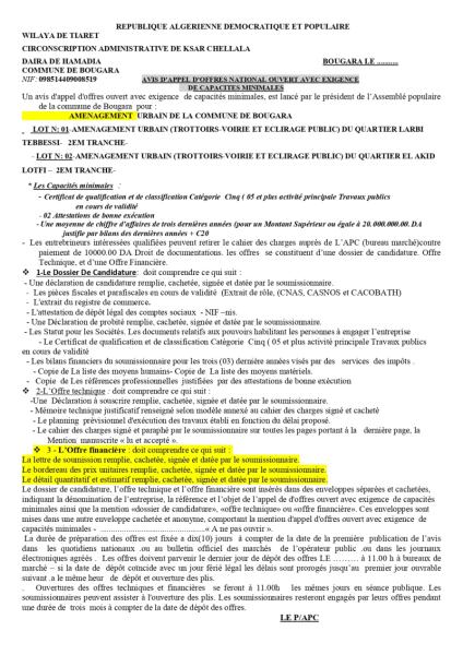 AVIS D'APPEL D'OFFRES NATIONAL OUVERT AVEC EXIGENCE DE CAPACITE MINIMALES