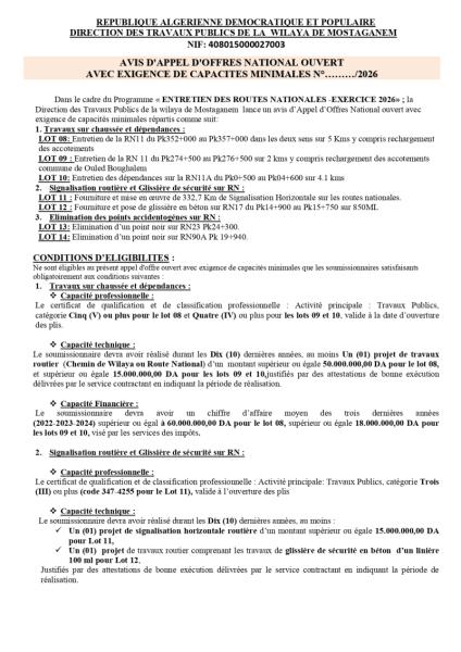 AVIS D'APPEL D'OFFRES NATIONAL OUVERT AVEC EXIGENCE DE CAPACITE MINIMALES N°....../2026