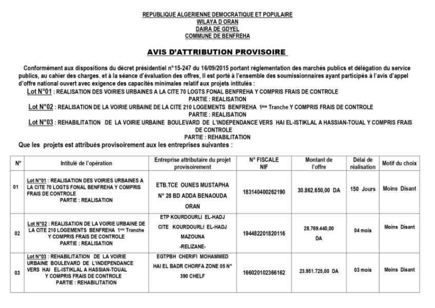 AVIS D'ATTRIBUTION PROVISOIRE
