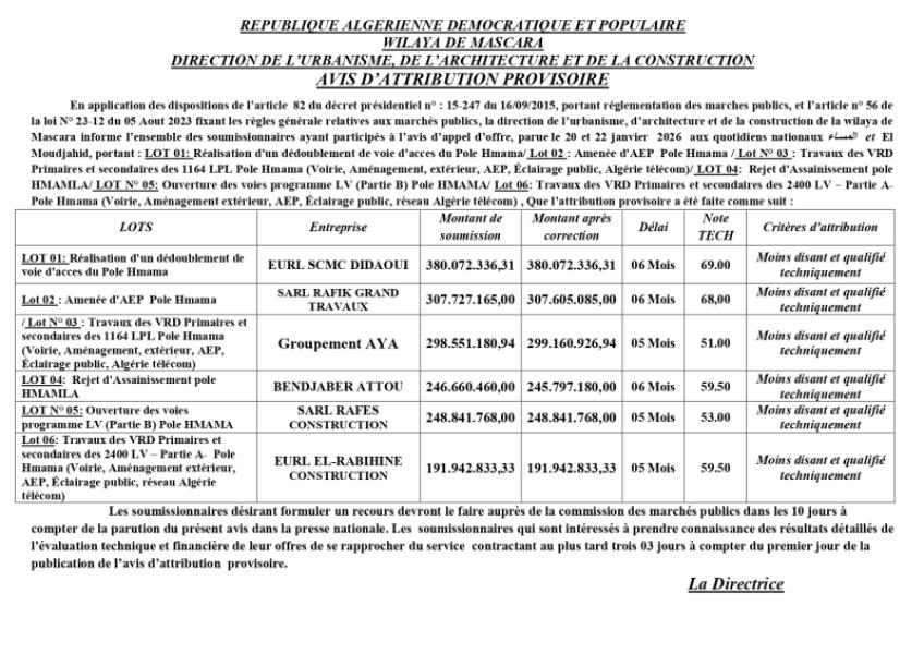 AVIS D'ATTRIBUTION PROVISOIRE