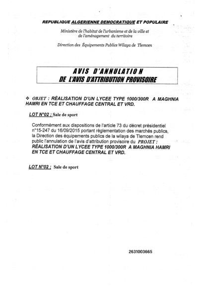AVIS D'ANNULATION DE L'AVIS D'ATTRIBUTION PROVISOIRE