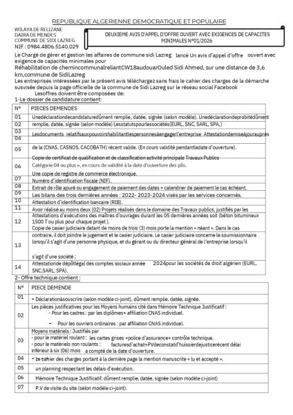DEUXIEME AVIS D'APPEL D'OFFRES OUVERT AVEC EXIGENCE DE CAPACITE MINIMALES N°01/2026