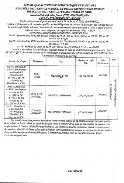 AVIS D'ATTRIBUTION PROVISOIRE