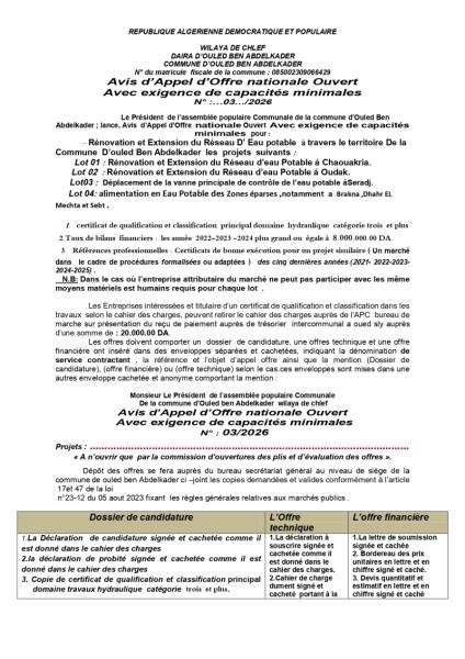 AVIS D'APPEL D'OFFRES NATIONAL OUVERT AVEC EXIGENCE DE CAPACITE MINIMALES N°03/2026