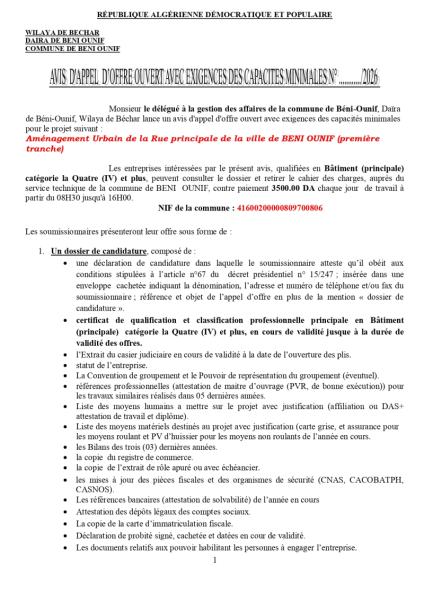 AVIS D'APPEL D'OFFRES OUVERT AVEC EXIGENCE DE CAPACITE MINIMALES N°....../2026