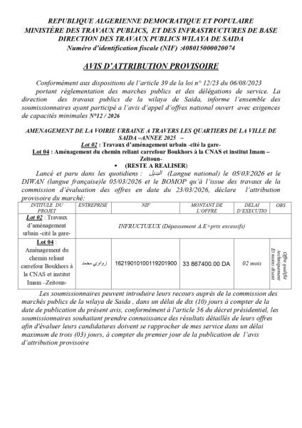 AVIS D'ATTRIBUTION PROVISOIRE