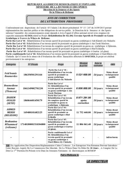 AVIS DE CORRECTION DE L'ATTRIBUTION PROVISOIRE