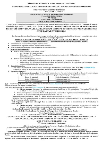 CONCOURS NATIONAL D'ARCHITECTURE RESTREINTN°....../DEP/TLEMNCEN/2025 (1er PHASE)