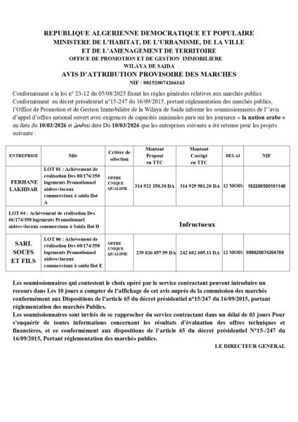 AVIS D'ATTRIBUTION PROVISOIRE DES MARCHES