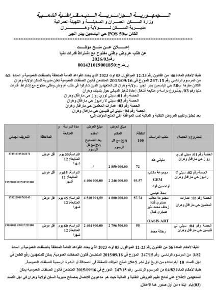 إعلان عن منح مؤقت عن طلب عروض وطني مفتوج مع اشتراط قدرات دنيا رقم: 03/2026