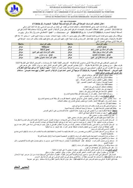 إعلان لمكاتب الدراسات المؤهلة في ملف الترشح للمسابقة الوطنية المحدودة رقم 17/2026