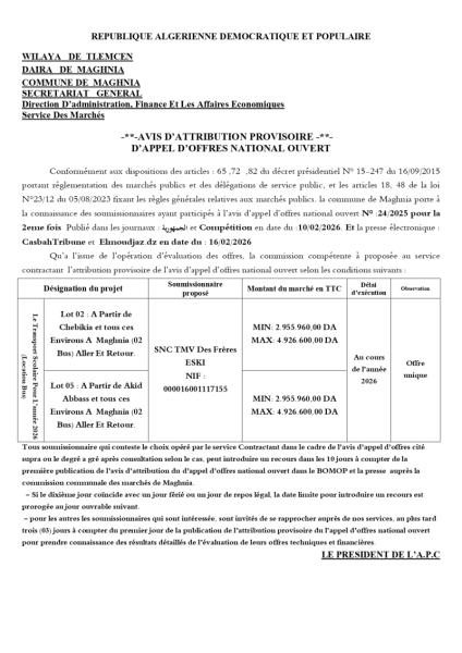 AVIS D'ATTRIBUTION PROVISOIRE D'APPEL D'OFFRES NATIONAL OUVERT