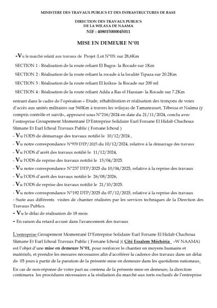MISE EN DEMEURE N°01