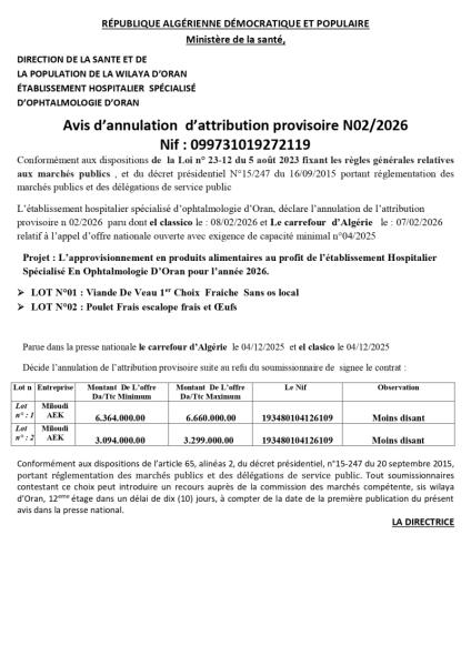 Avis d’annulation d’attribution provisoire N02/2026