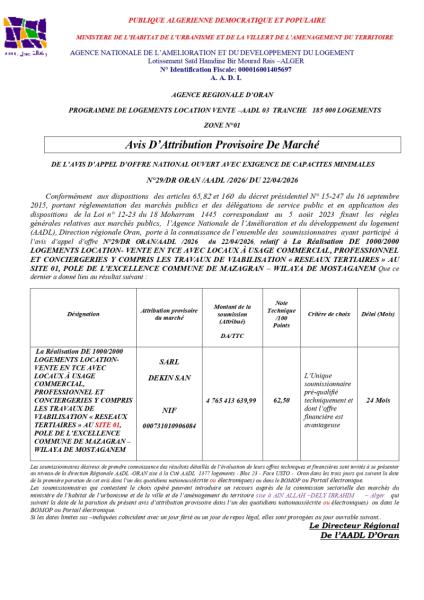 Avis D’Attribution Provisoire De Marché