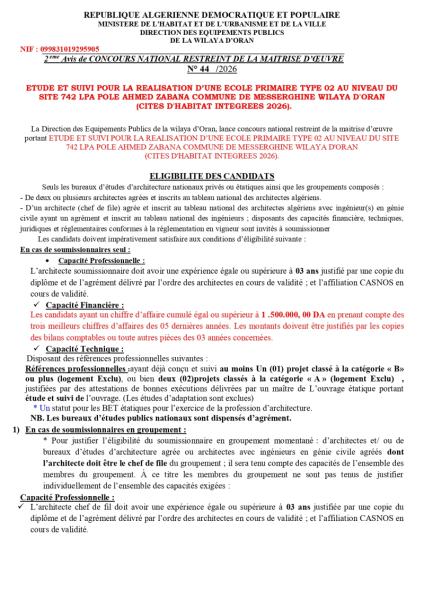 2 eme Avis de CONCOURS NATIONAL RESTREINT DE LA MAITRISE D’ŒUVRE N° 44 /0202
