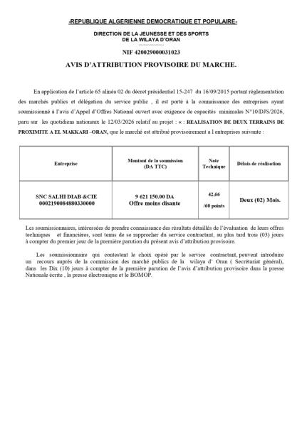 AVIS D’ATTRIBUTION PROVISOIRE DU MARCHE.
