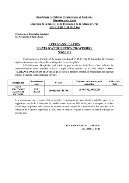AVIS D’ANNULATION D’AVIS D’ATTRIBUTION PROVISOIRE N°02/2026