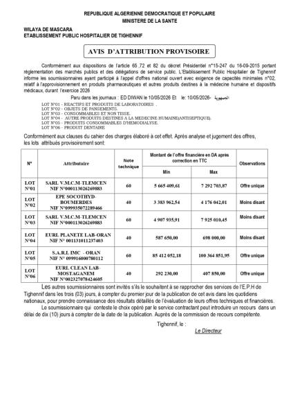 AVIS D'ATTRIBUTION PROVISOIRE