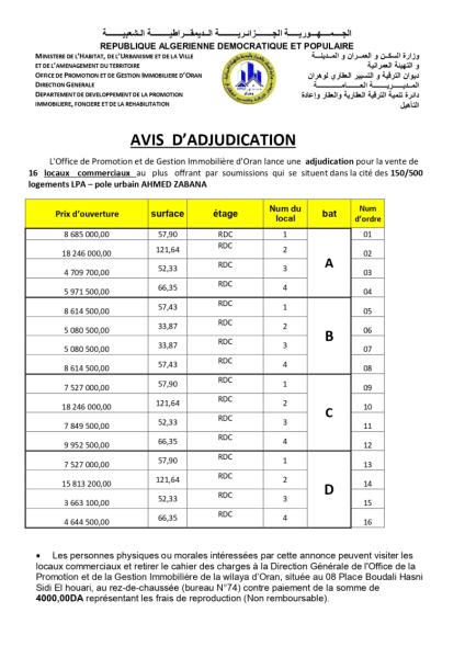 AVIS D'ADJUDICATION