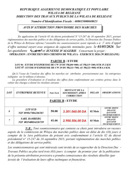 DIRECTION DES TRAVAUX PUBLICS DE LA WILAYA DE RELIZANE