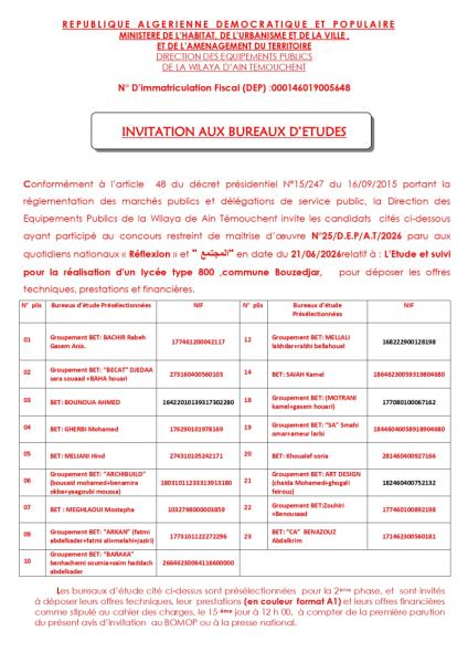 INVITATION AUX BUREAUX D'ETUDES