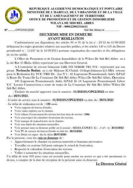 DEUXIEME MISE EN DEMEURE AVANT RESILIATION