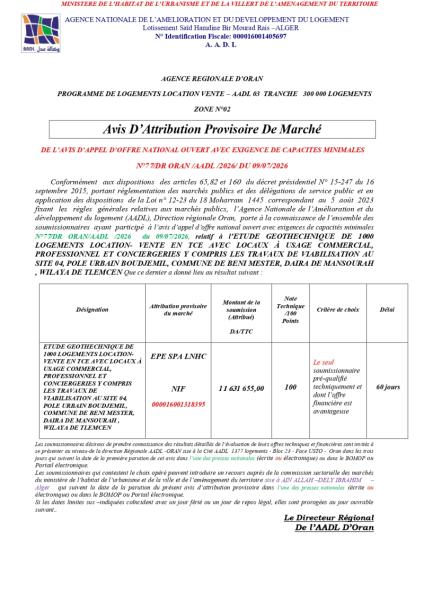 Avis D'Attribution Provisoire De Marché