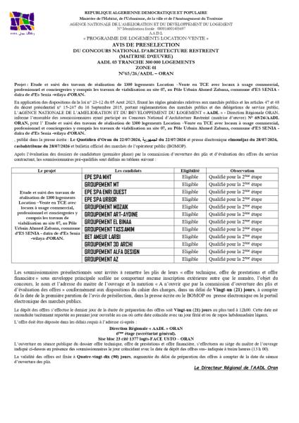 AVIS DE PRESELECTION DU CONCOURS NATIONAL D'ARCHITECTURE RESTREINT (MAITRISE D'ŒUVRE) N°65/26/AADL - ORAN