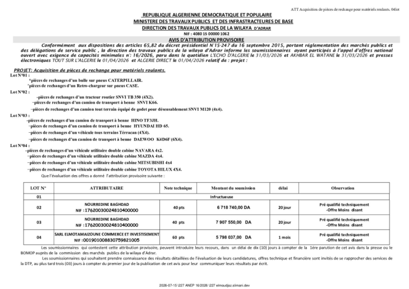 Acquisition de pièces de rechange pour matériels roulants
