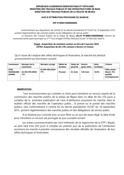 AVIS D'ATTRIBUTION PROVISOIRE DU MARCHE