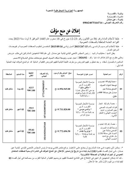 إعلان عن منح مؤقت