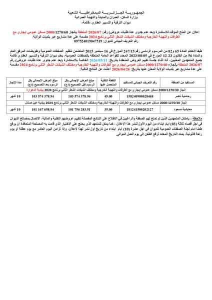 إعلان عن المنج الموقت للاستثمارة (بعد عدم جدوى عدة طنبات عروض) رقم: 2126/117