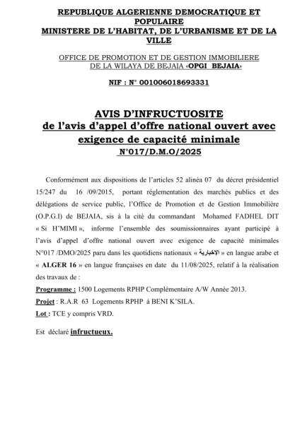 Avis d’infructuosité